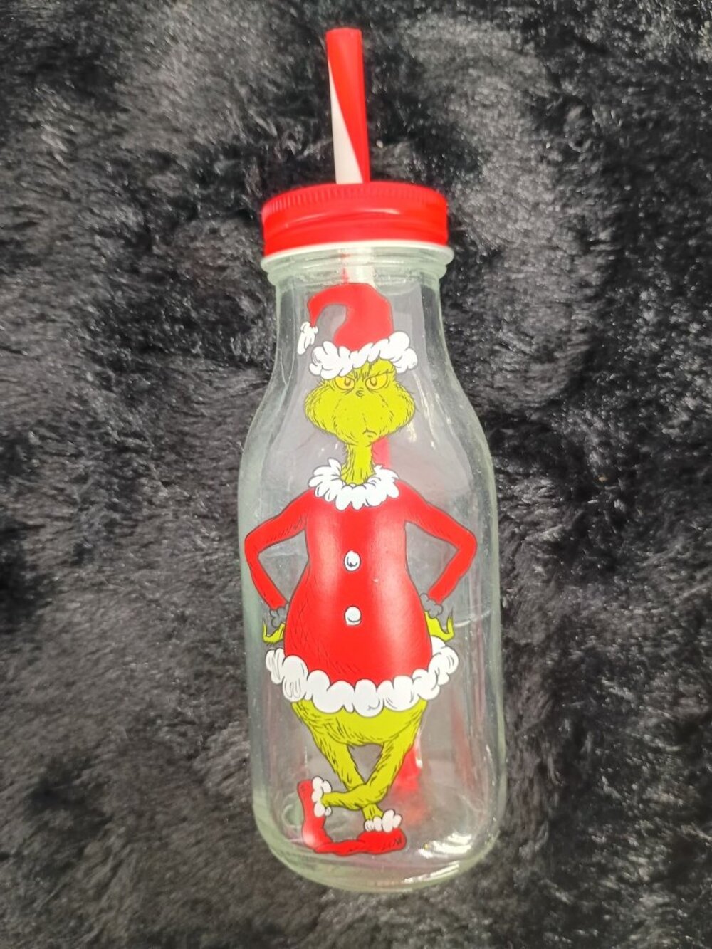 Dr. Seuss Grinch Christmas Glass‎ Bottle W/ Red Lid & Straw